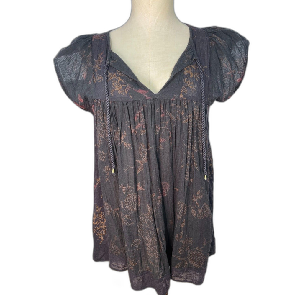 Ulla Johnson Floral Pintuck Split Neck Peasant Blouse 6 Black Cotton Flutter